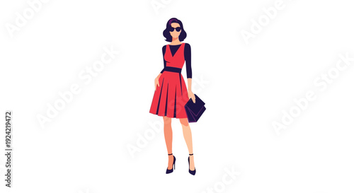 Elegant Woman in a Red Dress and Sunglasses Standing with a Purse on Isolated White Background
