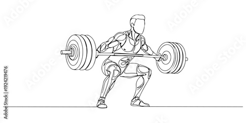 Continuous one line of a weightlifter, representing power, training, and sport, drawn illustration.