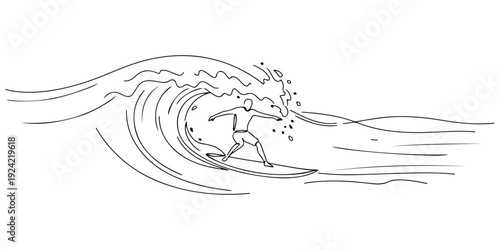 Continuous one line of a surfboard with waves, representing ocean, energy, and lifestyle, drawn illustration.