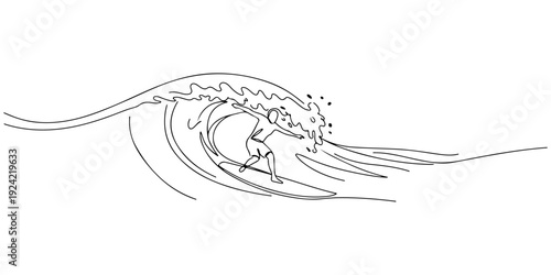 Continuous one line of a surfboard with waves, representing ocean, energy, and lifestyle, drawn illustration.