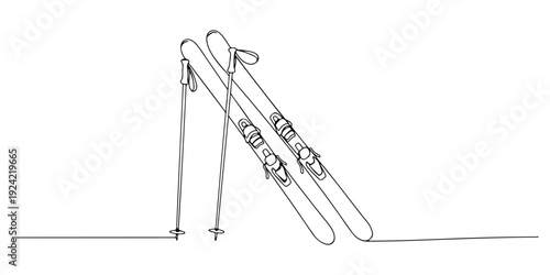 Continuous one line of a pair of skis with poles, representing adventure, snow, and activity, drawn illustration.