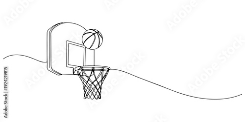 Continuous one line of a basketball hoop with ball, representing play, precision, and sport, drawn illustration.