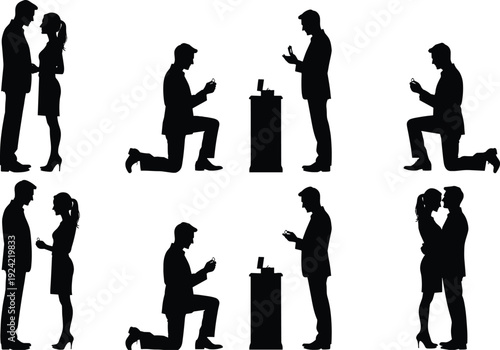 Marriage Proposal Silhouette Vector Set, Man Kneeling with Engagement Ring Proposing to Woman, Romantic Couple Love Story Concept Isolated on White Background