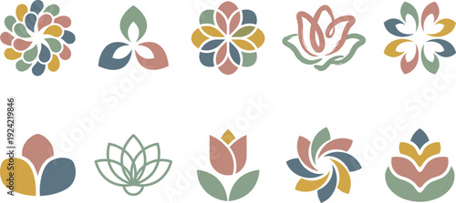 Colorful floral mandala and lotus vector illustration flat design set