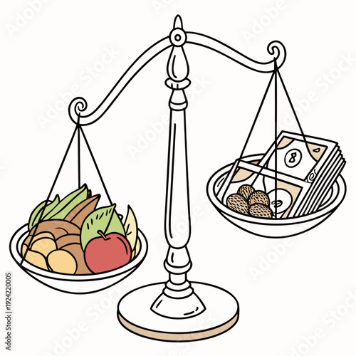 Suspended balance scale with fruit and vegetables on one side and money on the other