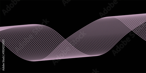 Smooth neon sound wave on black background. Abstract flowing wavy lines design for ai concept, eq equalizer, audio record, voice assistant. Blue pink orange purple gradient stripe wallpaper.