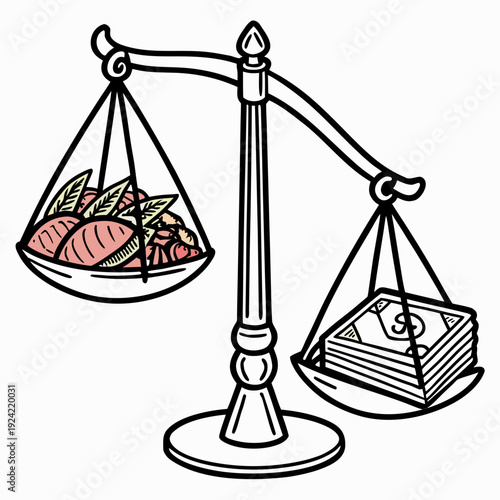 Unbalanced scale with food on one side and money on the other