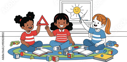 Three diverse young children happily playing with educational toys and shapes on a colorful mat in a bright classroom setting.