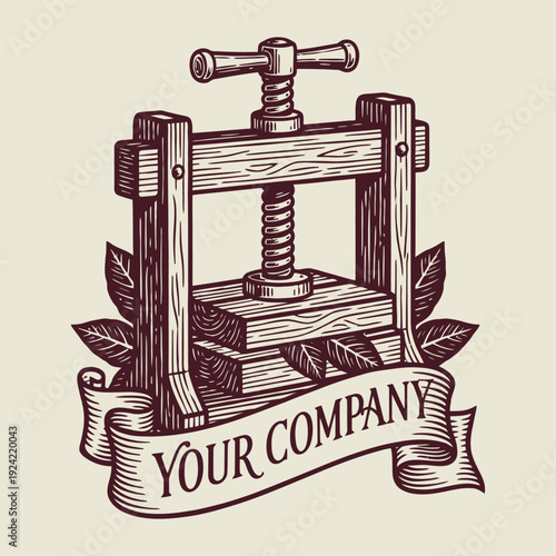 Engraved wooden screw press illustration, traditional heritage press, handcrafted artisanal machinery, vintage woodcut style, historical workshop equipment symbol