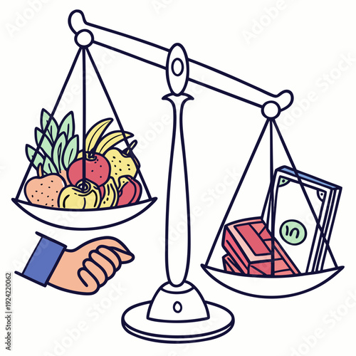 Hand holding scale with fruit and money balance
