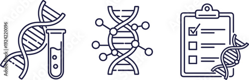 Minimalist Blue DNA and Lab Research Icons Vector Set with Helix Test Tube Molecular Structure and Checklist Report for Biotechnology Genetics and Science