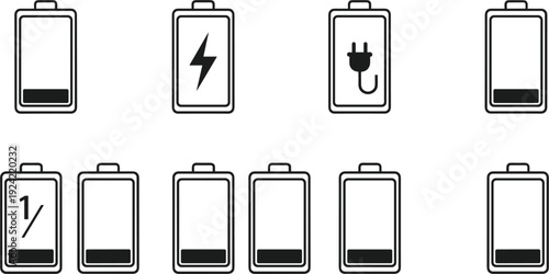  Minimalist Line Art Battery Status Icons Vector Set with Charging Lightning Plug and Progressive Fill Levels from Low to Full for Mobile App UI and Power