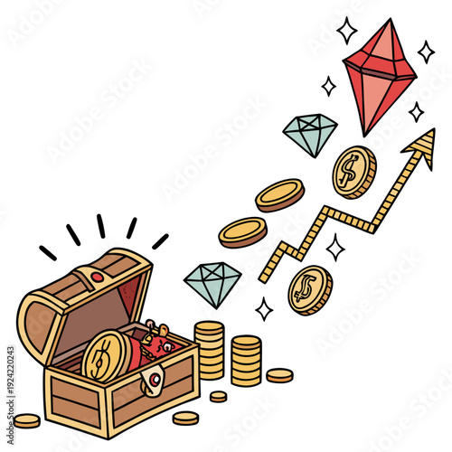 Cartoon treasure chest overflowing with gold coins and jewels