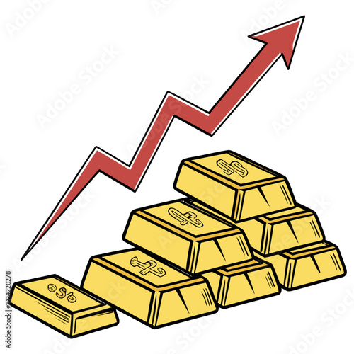 Gold bars with rising red arrow gold ingots stacked gold