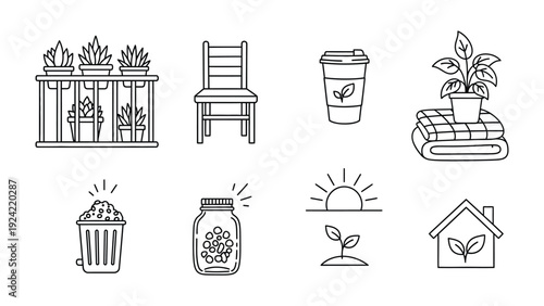 Eco-friendly Illustrated Collection: A set of simple yet charming line drawings showcasing elements of sustainable living and mindful choices.