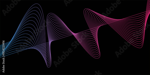 Modern multicolor wave of light is displayed on black background, Abstract wavy lines and neon glow on a black background, soundwave on a dark reflective surface.
