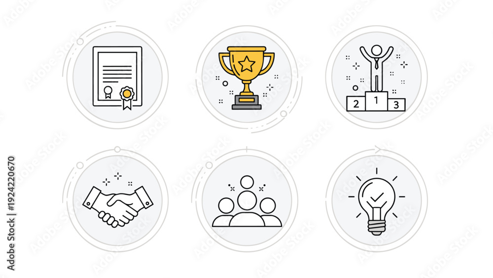 Fototapeta premium Six achievement icons featuring a certificate, trophy, winner on a podium, handshake, team, and a lightbulb idea.