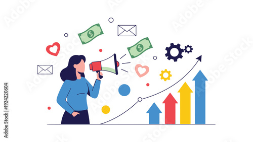 Businesswoman using a megaphone to promote marketing goals surrounded by financial icons and upward trending arrows.