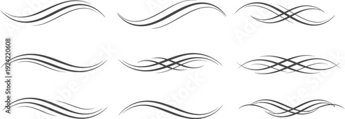 Collection of nine dark grey abstract curved line decorative on white background black border calligraphy