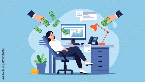 Woman sleeping comfortably at her office desk while money falls from above representing passive income and financial freedom.