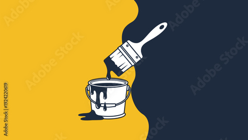 Stylized illustration of a paint bucket and a brush dripping dark blue paint against a yellow and blue background.