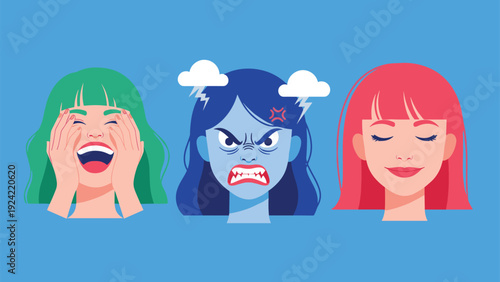 Three diverse women depicting different emotional states including joy, anger, and peacefulness on a blue background.