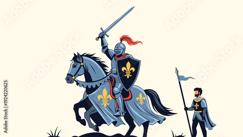 Medieval knight in armor riding a horse while carrying a sword and shield accompanied by a foot soldier with a spear.