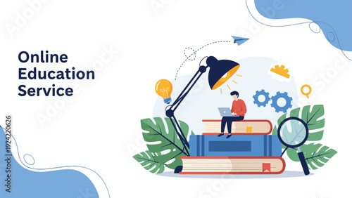 Online education service concept featuring a student studying on a laptop while sitting on a stack of books.