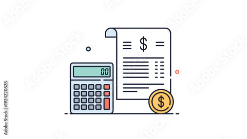 Illustration of a calculator next to a financial bill and a gold coin representing accounting and expense tracking.