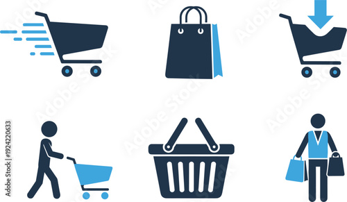 Modern Blue Shopping Icons Vector Set with Fast Cart Bag Add to Cart Shopper Basket and Carrying Bags for Ecommerce Checkout Retail and Consumer Designs