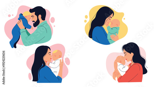 Illustration set showing various parents tenderly holding their babies in warm, loving embrace on soft backgrounds.
