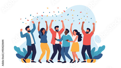 Diverse group of happy young people jumping and celebrating with colorful confetti on a light background.