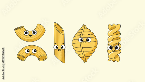 Variety of cute cartoon pasta shapes including macaroni, penne, shell, and fusilli with friendly smiling faces.