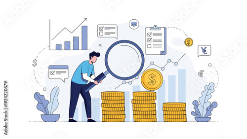 Professional man using a large magnifying glass to analyze stacks of gold coins and financial data charts.