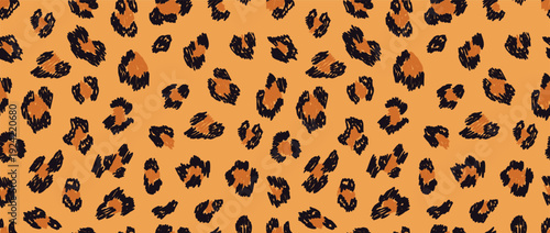 Hand drawn Seamless leopard fur pattern with natural golden tones and dark spots, stylish decorative surfaces.ideal for textile design, fashion backgrounds,ladies dress fabric, fashion, swimwear