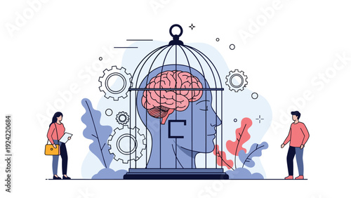 Illustration of a human head with a brain trapped inside a birdcage representing mental confinement or restricted thinking.