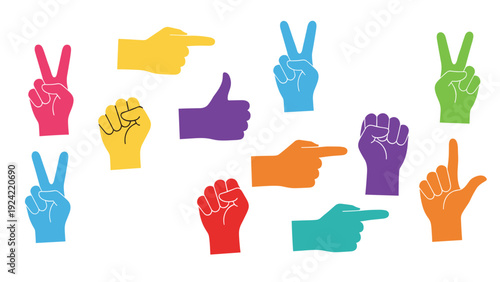 Collection of colorful hand gestures including peace signs, thumbs up, fists, and pointing in various colors.