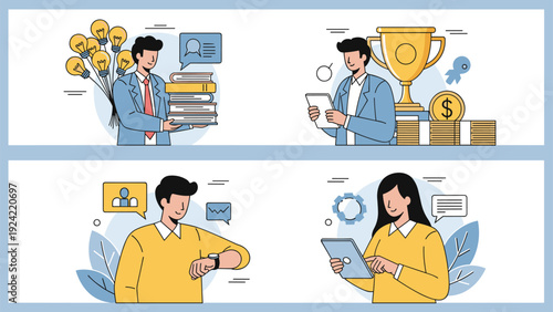 Four business scenarios showing professionals handling books, winning a trophy, managing time, and using a tablet.
