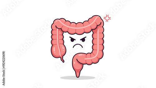 Personified cartoon illustration of an angry large intestine representing digestive issues or abdominal pain.
