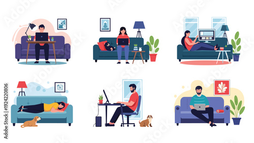 Collection of scenes showing various people working from home in different settings like sofas and desks with their pets.