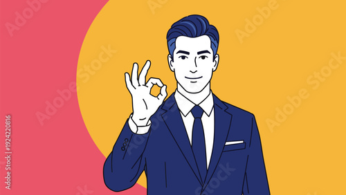 Professional man wearing a navy blue business suit smiles confidently while making an ok hand gesture against a yellow backdrop.