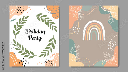 Two colorful abstract greeting card templates for a birthday party featuring organic shapes, leaves, and a rainbow motif.