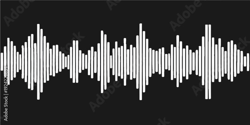 This blue digital illustration features an abstract music equalizer wave design with audio bars and data growth lines representing a business finance market chart