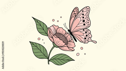 Beautiful pink butterfly with black markings rests gently on a blooming pink flower surrounded by green leaves and dots.