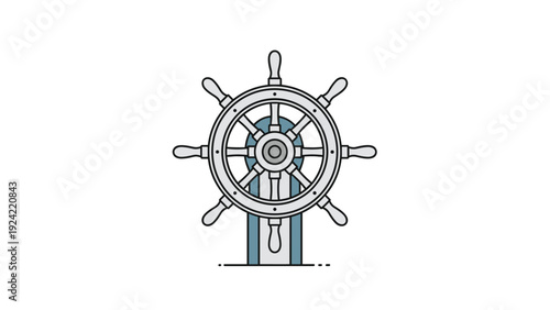 Traditional ship steering wheel made of metal and wood stands centered on a white background for a nautical design theme.