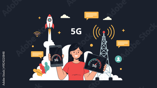Concept of 5G technology features a woman with a smartphone and tablet, a rocket, and a telecommunication tower.