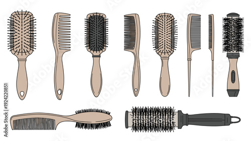 Comprehensive collection of various hair brushes and combs in different shapes and styles for hair care and styling needs.