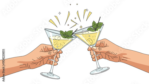Two hands hold up martini glasses with garnishes for a celebratory toast against a clean white background with sparkles.