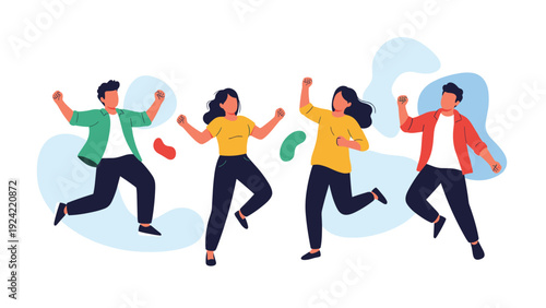 Group of four happy young people jump and dance in the air together against a vibrant and colorful abstract background.