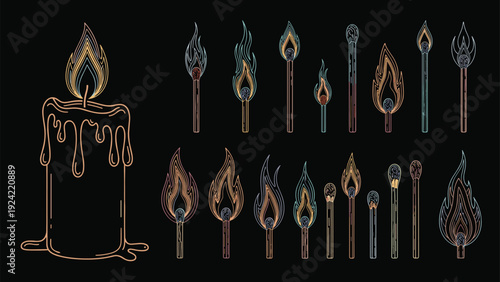 Large candle with a dripping wax effect stands next to numerous matches at various stages of burning on a black backdrop.